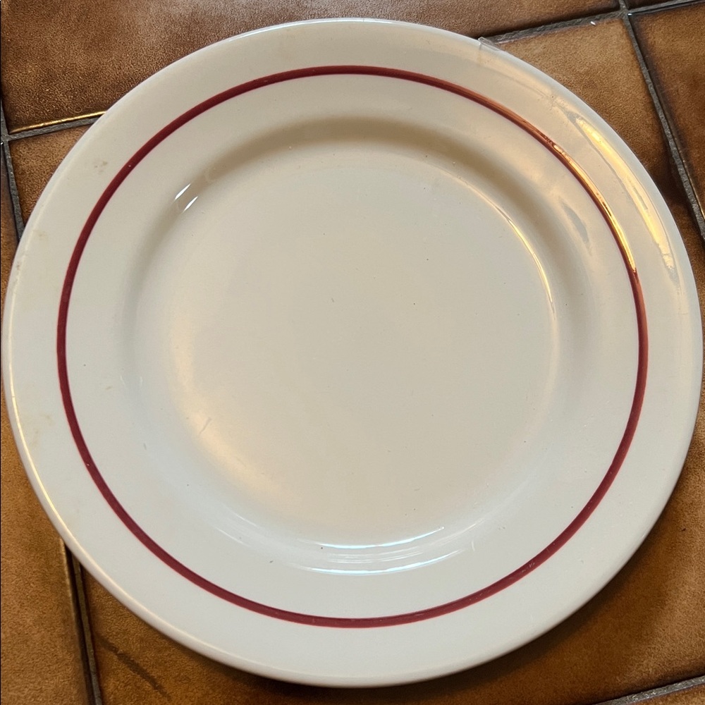 3  VTG Buffalo China Ceramic Dinner Plates with Red Rim